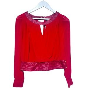 Sheer Red Top With Leather Trim Waist And Collar NWT Large Windsor